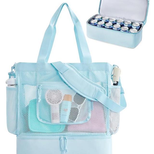 BAGSMART Beach Bag for Women, Mesh Tote Bags with Zipper, Sandproof Vacation Essentials with Cooler for Swim Cruise Pool