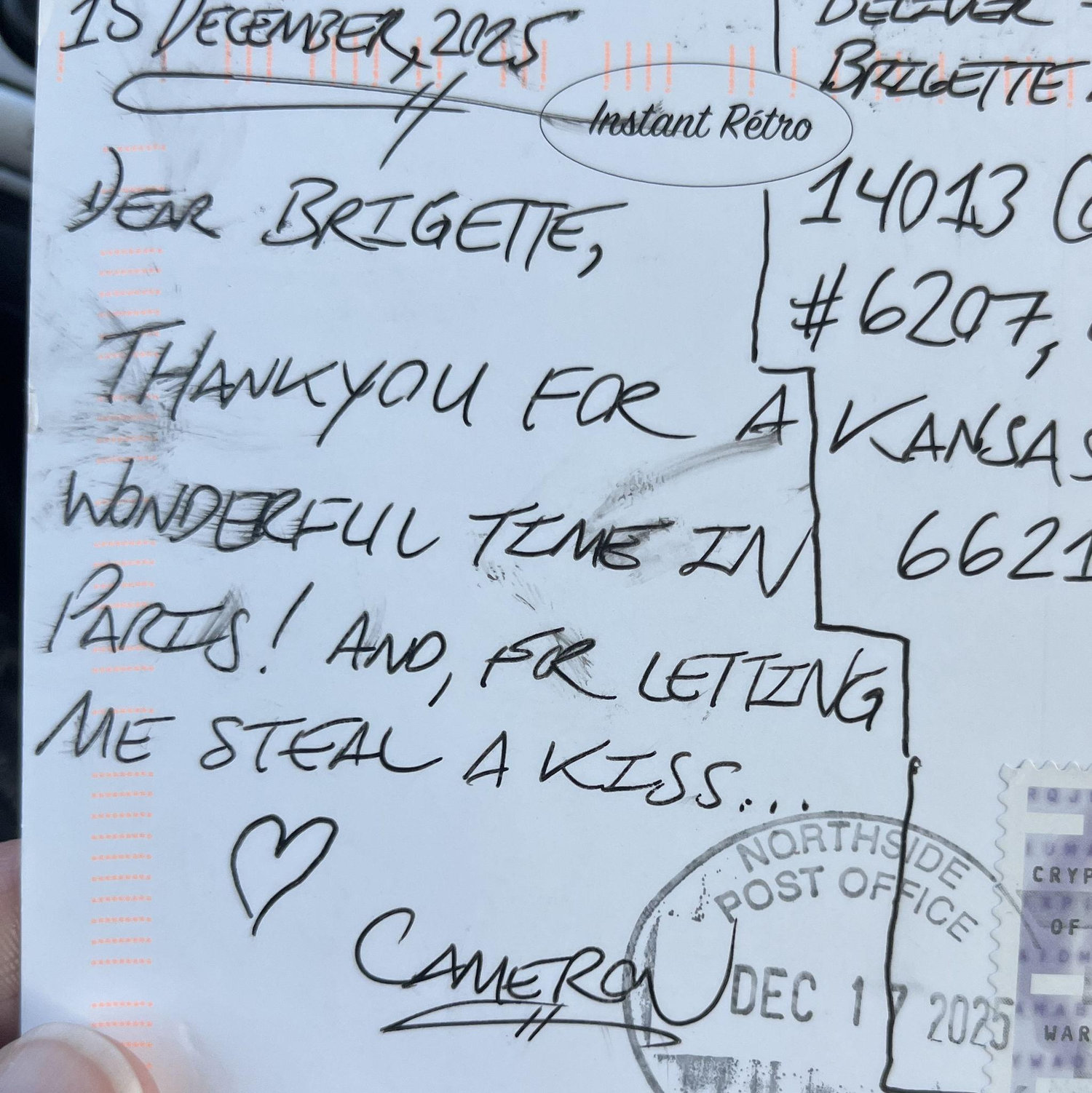 Cameron leaves Brigitte with her friend Jillian while he returns to work. As the girls explore the Black Forest, Cameron sends Brigitte a postcard that will arrive after she returns home to Kansas.