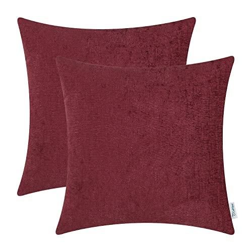CaliTime Pack of 2 Cozy Throw Pillow Covers Cases for Couch Sofa Home Decoration Solid Dyed Soft Chenille 18 X 18 Inches Burgundy