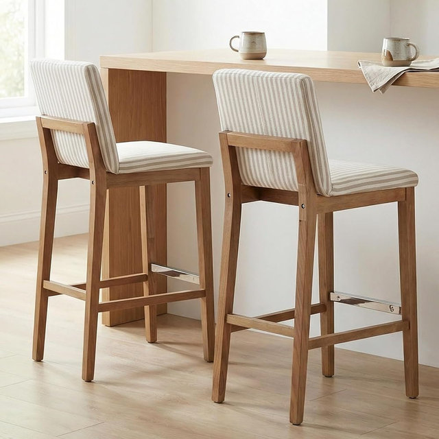 DM Furniture Bar Stools for Kitchen Island Set of 2, 30 Inch Midcentury Solid Wood Bar Height Stool Chairs with Back, Khaki Stripe