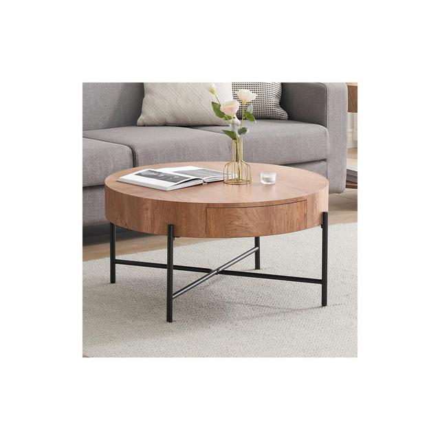 Garvee Coffee Table with Drawers Round Center Table Wood Look Circle Coffee Table Farmhouse Cocktail Table Metal Frame Living Room