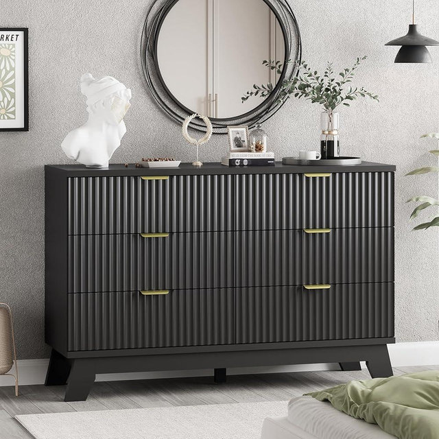 Fluted Dresser for Bedroom with 6 Drawers, 48" Wide Modern Chest of Drawers with Metal Handle, Wooden Dresser TV Stand, Wood Closet Clothes Storage Drawer Organizer for Living Room, Hallway, Black
