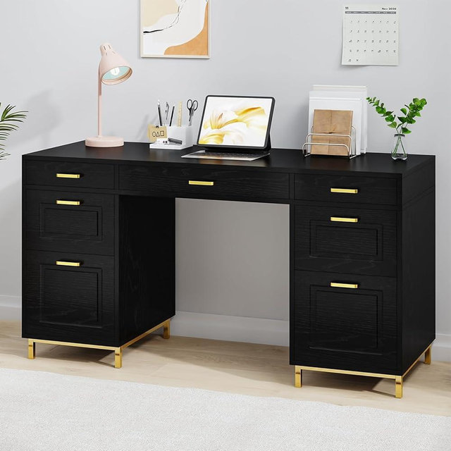MaverickFurni Black and Gold Computer Desk with File Drawers, 57 Inch Wood Modern Desk with 7 Drawers, Home Office Desk with Storage for Bedroom, Black Executive Desk with Golden Legs and Handles