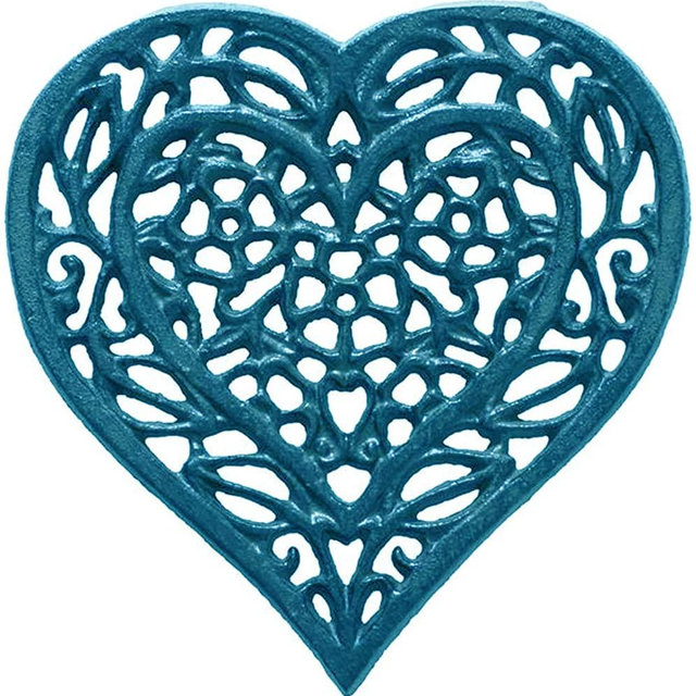 Cast Iron Heart Trivet | Decorative Cast Iron Trivet For Kitchen Countertop Or Dining Table | Vintage Design | 6.75X6.5" | With Rubber Pegs/Feet - Recycled Metal | Blue Color