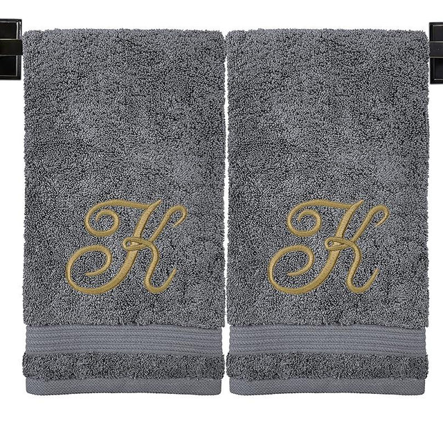 Custom Luxury Towels Grey Hand Towels for Bathroom - Monogrammed | Luxury Cotton Turkish Towels | Embroidered in USA | Set of 2 | Choose Set Color and Letter | A - Z | Script Font