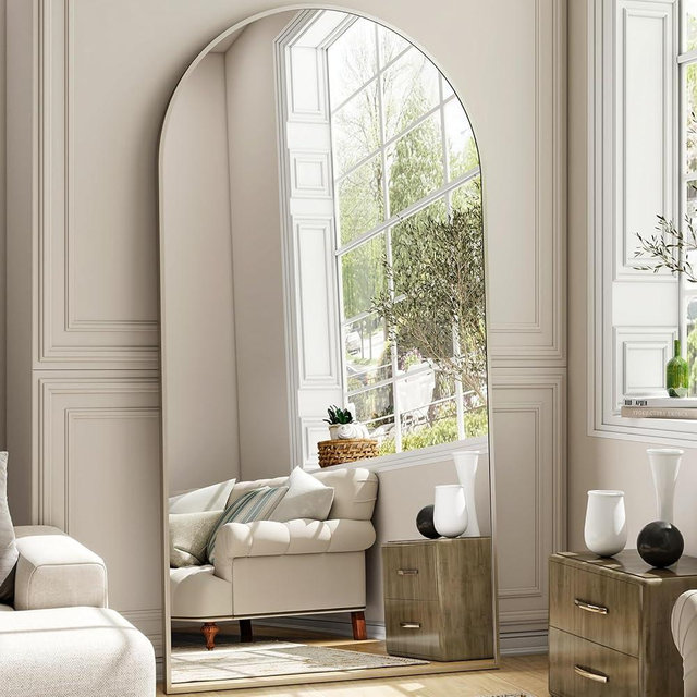 Easly Modern Arched Full-Length Mirror, 34"x76" Arched Floor Mirror with Stand, Wall-Mounted Mirror for Bathroom, Dressing Room - Hanging or Leaning - Full Body Mirrors for Bedroom, Silver