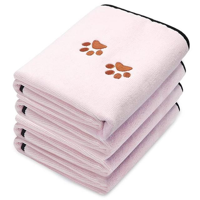 4 Pack Dog Towels for Drying Dogs Microfiber Dog Towel Soft Absorbent Pet Bath Towel Dog Drying Grooming Towel with Embroidered Paw for Pet Dogs Cats Bathing and Grooming (Pink, 35 x 20 Inch)