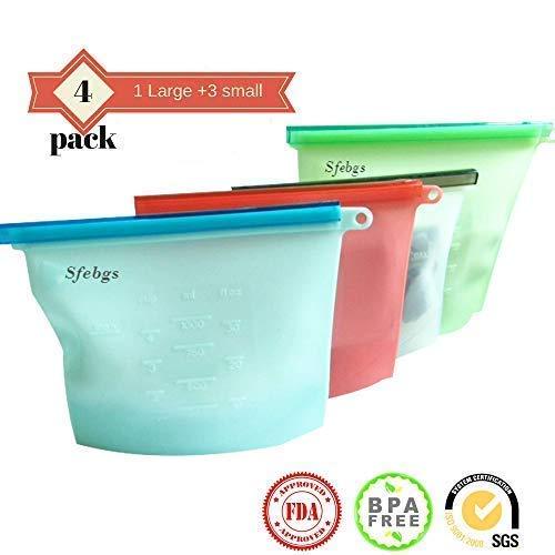 PREMIUM Silicone Food Bags Set of 4(1x50+3x30oz) - Reusable SAFE Fresh Bags- Heat Resistant- Odor/Plastic FREE- BEST for cooking Sous Vide Sandwich Snack Freezer Preservation| BPA-FREE & FDA approved