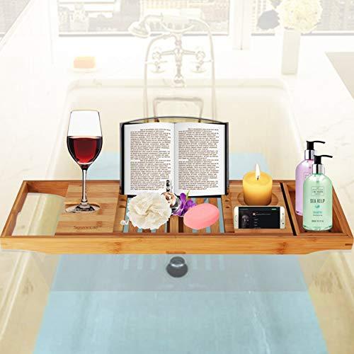 Luxury Bamboo Bathtub Caddy Tray - Adjustable Natural Wood Bath Tub Organizer with Wine Holder, Cup Placement, Soap Dish, Book Space & Phone Slot for Spa, Bathroom & Shower - SereneLife SLBCAD20