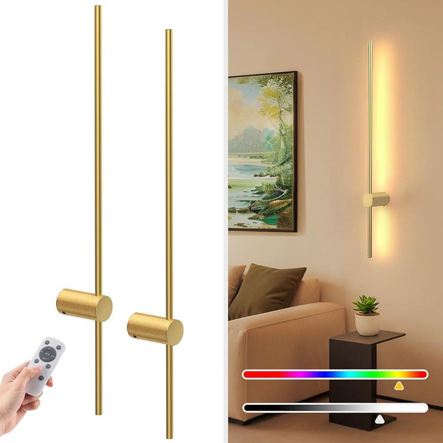 NIORSUN 35.4 Inch Battery Operated Wall Sconce Set of 2,Gold Minimalist Rechargeable LED Wall Lights with Remote, 10 Colors Dimmable Wireless Wall Sconce for Living Room Bedroom Hallway