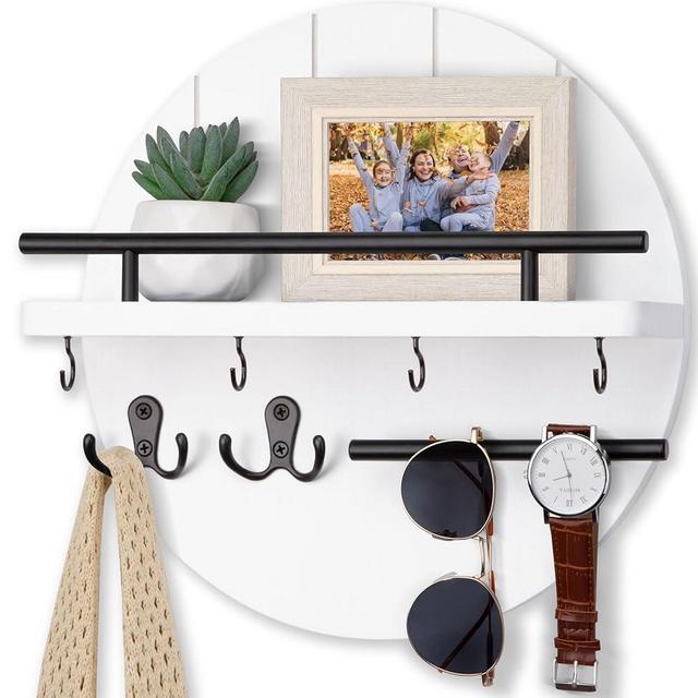 Nekon Key Holder Wall Mount, 11.8 Inch Key Rack with Shelf and 6 Key Hooks, Rustic Key and Mail Organizer, Circular Wooden Key Hanger for Entryway Hallway Kitchen (White)