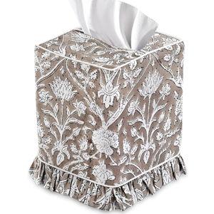 Ridhi Taupe Block Print Ruffle Tissue Box Cover Handmade Cotton Decorative Square Napkin Holder for Home Bedroom Living Room Bathroom Vanity Countertop Car Office Kitchen