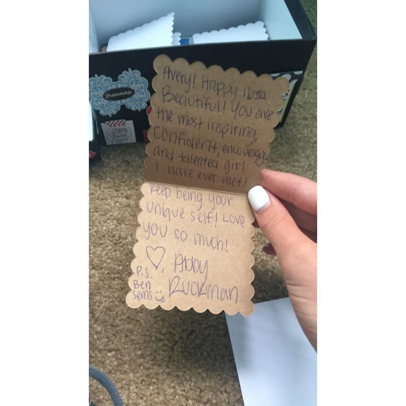 11/11/2015: My friend wrote me this note on my birthday with a funny "p.s." -- Ben had added me on Snapchat and all the girls knew it was a big deal to me!