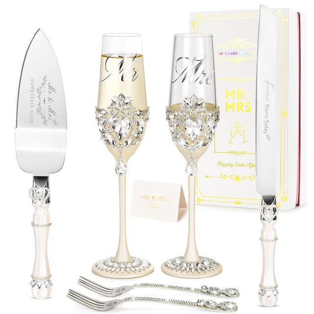 Wedding Cake Knife and Server Set, Luxury Handcrafted Crystal Champagne Flutes with Silver Petal Rhinestones and Pendant, Cake Cutting Set for Wedding, Engagement Gifts for Couples, Gift-ready Box