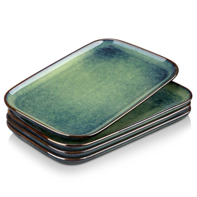 vancasso Stern Serving Platters Set of 4, 11 Inches Rectangular Ceramic Serving Plates, Green Serving Trays for Entertaining
