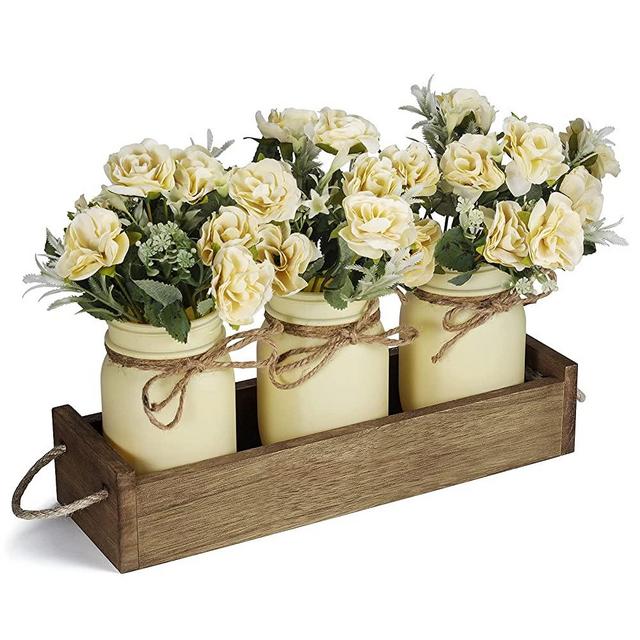 Centerpieces for Dining Room Table, Mason Jar Decorative Wood Tray with Artificial Rose Bouquet Flowers Rustic Farmhouse Home Decor for Coffee Table Living Room Kitchen Table Decor by TJ.MOREE - Beige
