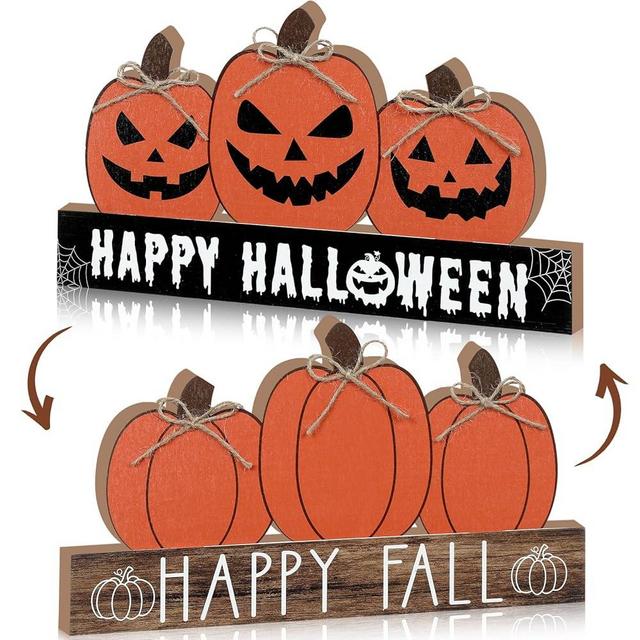 Purpeak Reversible Fall Wooden Table Sign Double Side Halloween and Thanksgiving Tabletop Pumpkin Sign Decor Happy Fall Wood Block Fall Tiered Tray Decor for the Home Shelf Party Decor