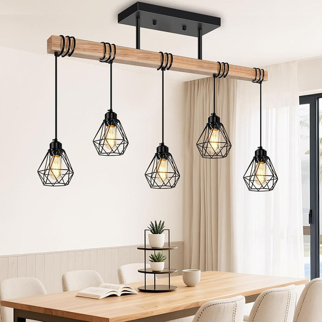 Feanron 5-Lights Farmhouse Hanging Pendant Light, Dinng Room Light Fixtures for Kitchen Island Lighting Over Table, Black Rustic Wood Ceiling Pendant Lights with Metal Shade for Living Room, Foyer
