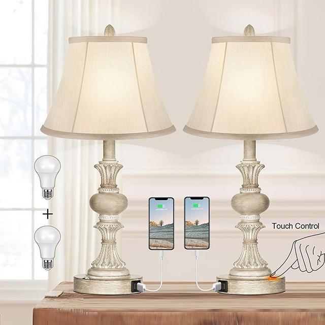 PARTPHONER Touch Control Table Lamp Set of 2, 3-Way Dimmable Bedside Nightstand Lamp with 2 USB Charging Ports, Rustic Farmhouse Desk Lamp with Faux Silk Shade for Living Room, Bedroom - Washed White
