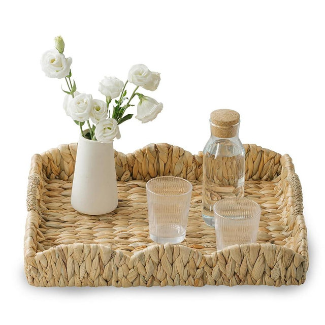 Water Hyacinth Serving Tray, Handwoven Woven Tray with Handles and Scalloped Edge, Rectangle Wicker Basket for Home Decor and Organizing, 18.3" L x 14.4" W x 3.8" H
