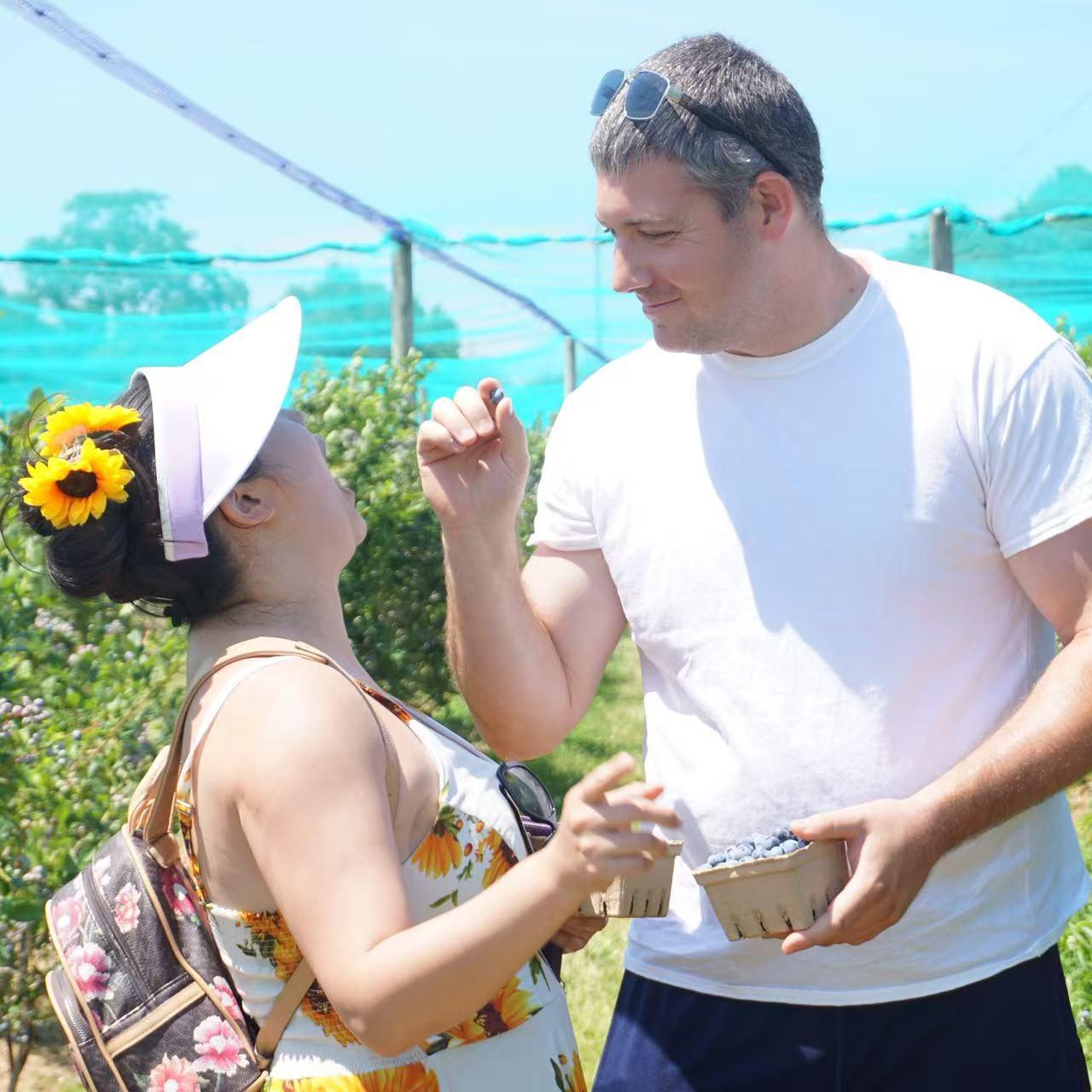 Blueberry picking~ the first blueberry Paul pick is always for Leslie.