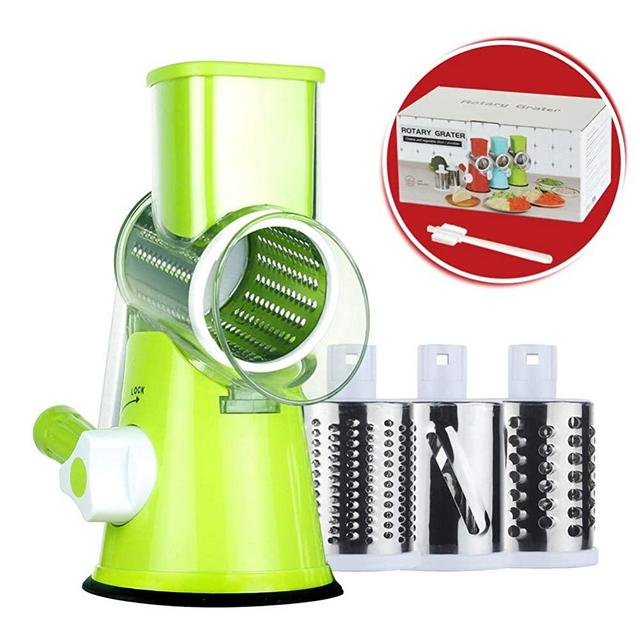 Cambom Rotary Cheese Grater Round Mandoline Slicer with 3 Interchangeable Blades, Manual Vegetable Food Shredder with Strong Suction Base by Cambom