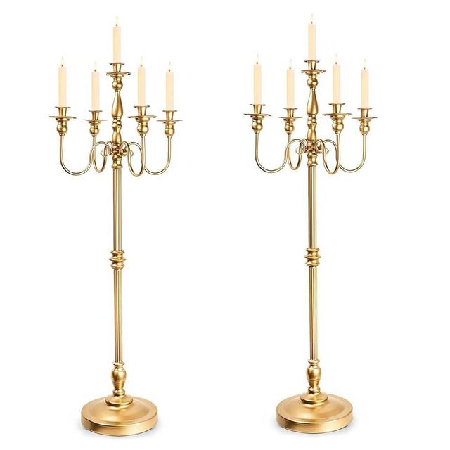 Gold Candelabra for Wedding Event Decor, 50'' Tall Candelabra Floor Candle Holders, 2 Pcs Metal 5 Arm Candelabra Candle Holder Centerpiece Decorations for 5 Candlesticks Party Wedding Aisle Home Decor