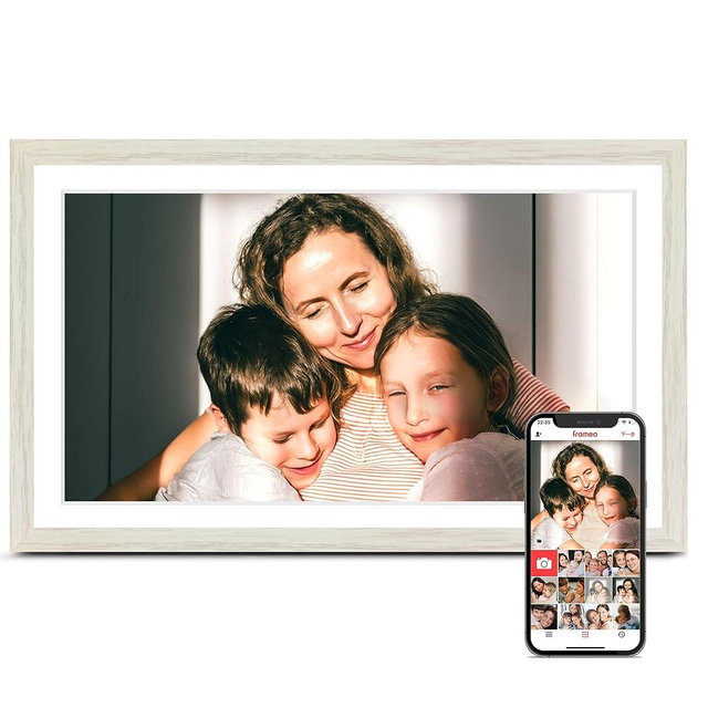 Digital Picture Frame, 15.6 Inch Frameo Digital Frame WiFi, 1920 * 1080 IPS FHD Touchscreen, 32GB, Tabletop&Wall-Mounted, Share Picture Video, Large Electric Photo Frame, Mom Gifts, White Woodgrain