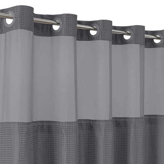 Americanflat 72x75 Hookless Waffle Pattern Shower Curtain - Water-Resistant Long Shower Curtain with Sheer Panel, Snap-in Liner, and Durable Grommets - 100% Polyester - Dark Grey