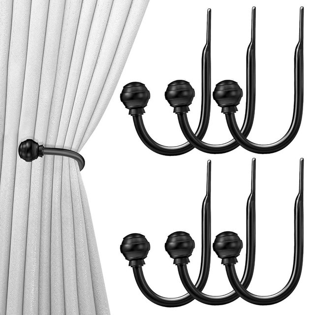 Hion Curtain Holdbacks Black 6pcs, Curtain Tiebacks Wall Mounted Curtain Hooks Holders for Drapes