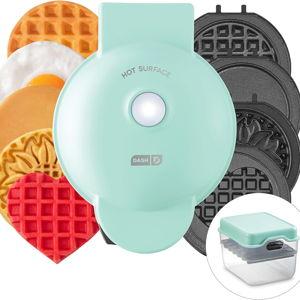 DASH MultiMaker® Mini System - Waffle Maker with Six 4” Removable Plates & Storage Case: Waffle Iron & Griddle, 4-in-1 Mini Waffle Maker for Kids and Families – Nonstick Surface, Just Add Batter, Aqua