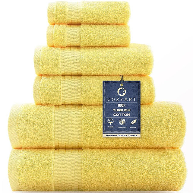 COZYART Yellow Bath Towels Set, Turkish Cotton Hotel Large Bath Towels Bulk for Bathroom, Thick Bathroom Towels Set of 6 with 2 Bath Towels, 2 Hand Towels, 2 Washcloths, 650 GSM
