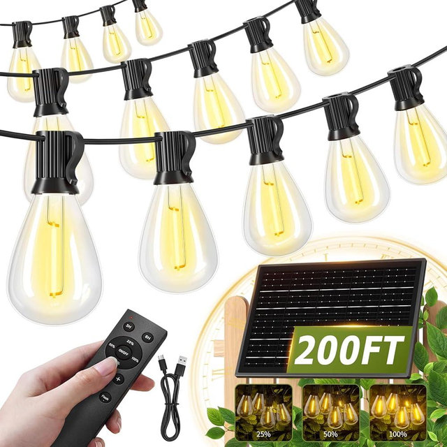 Amzrap 200FT Solar String Lights Outdoor Waterproof 72+2 LED Bulbs, Solar Powered with Remote & USB Port, 3 Light Modes Dimmable Patio Lights for Large Backyard, Garden, Party