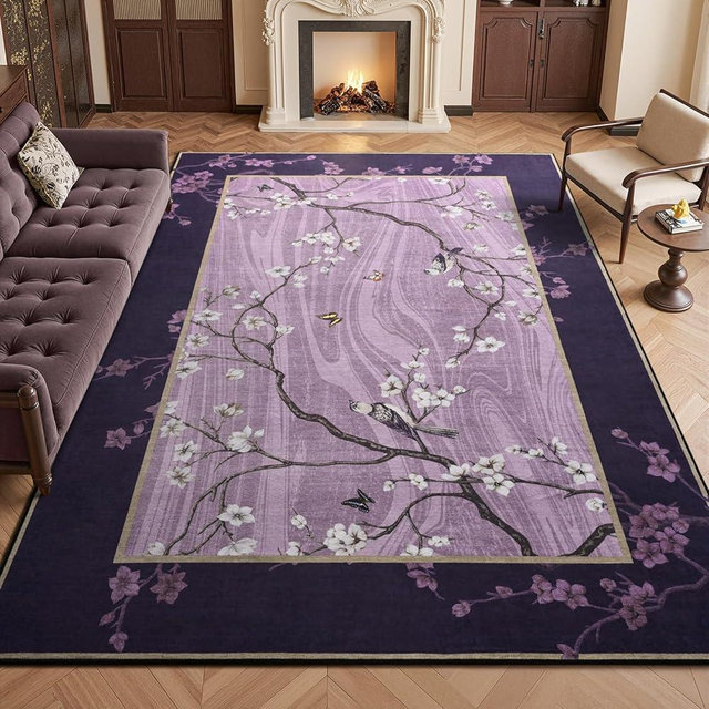 Opreine Living Room Rugs 5x7, Oriental Floral Birds Machine Washable Area Rugs for Bedroom, Soft Low Pile Non Slip Carpet for Dining Room Kids Room Farmhouse Home Decor, Purple