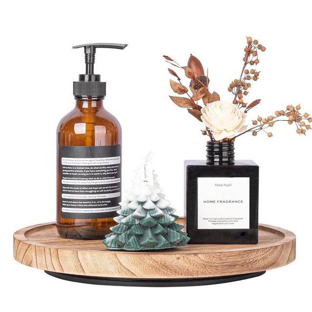10" Wood Lazy Susan Organizer Kitchen Turntable for Cabinet Farmhouse Bathroom Decor Round Decorative Tray for Vanity, Counter, Sink, Coffee Table, Brown