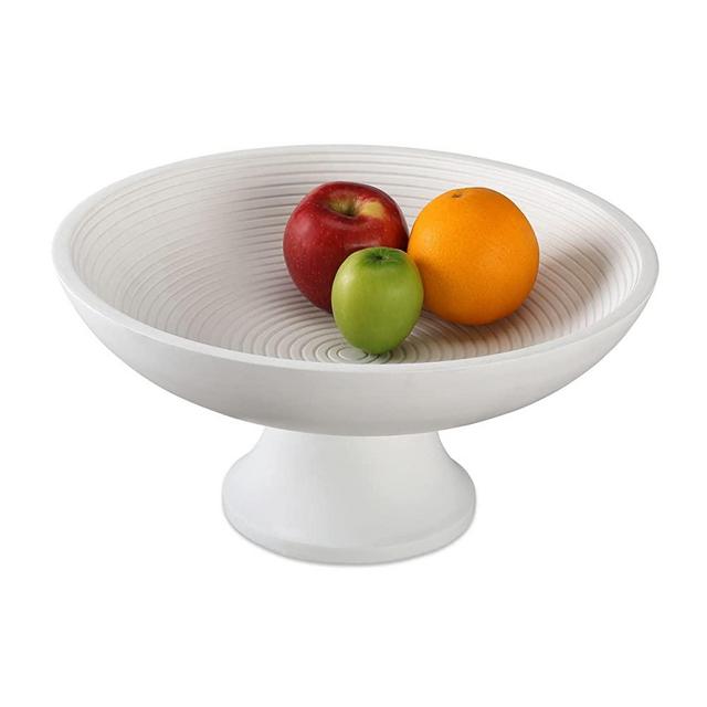 Folkulture Wood Fruit Bowl or Decorative Pedestal Bowl for Table Décor, Wooden Fruit Bowl for Kitchen Counter or Farmhouse Centerpiece, 12-inch Large Bowls for Breads, Mango Wood (White Ribbed)