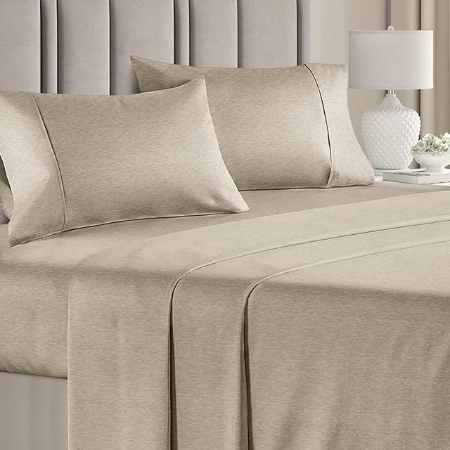 King Size Sheet Set - Breathable & Cooling Sheets - Softer Than Jersey Cotton - Same Look as Jersey Knit Sheets & T-Shirt Sheets - Deep Pockets - Easy Fit - 4 Piece Set - Wrinkle Free - Heathered Tan