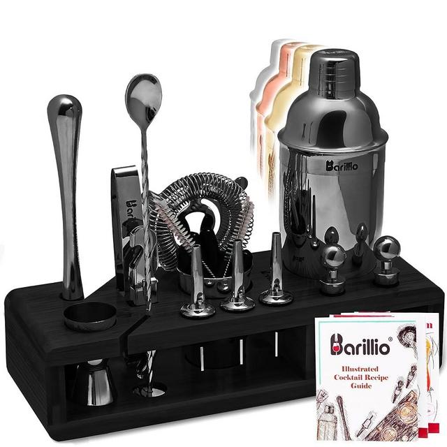 Black Mixology Bartender Kit Cocktail Shaker Set by Barillio: Drink Mixer Set with Bar Tools, Muddler, Mixing Spoon, Jigger, Strainer, Sleek Black Bamboo Stand & Recipes Booklet