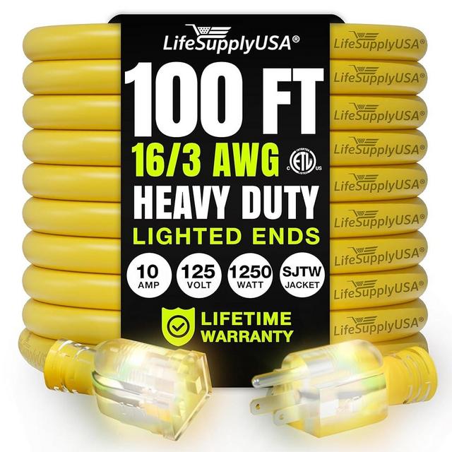100ft Outdoor/Indoor Extension Cord 16/3 Gauge Heavy Duty 3 Prong SJTW, Waterproof, ETL Listed, Flexible Cold-Resistant Long Power Cord,10A 125V 1250W, Yellow by LifeSupplyUSA