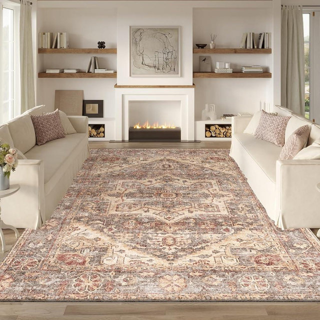 Area Rug 8x10 Large Living Room,Machine Washable Rugs,Stain Resistant Soft Thin Non-Slip Floral Carpet, Boho Vintage Home Decor,for Indoor Bedroom,Office,Farmhouse,Dining,Dorm