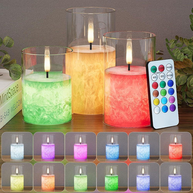 VIODAIM 12Colors Ice Crystal Real Wax Glass Flameless Candles with Remote & Timer, Battery Operated Candles with Warm Flickering Flame, Realistic LED Candle for Wedding Home Decor [D3×H4/5"/6"] 3Pack