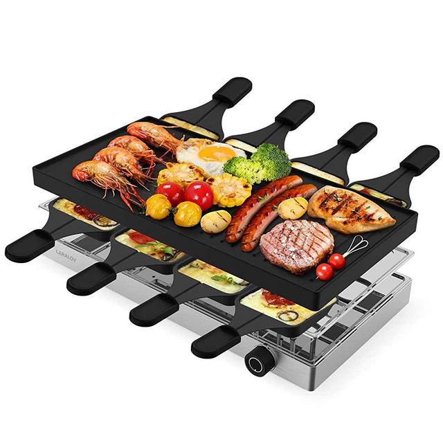Electric Griddle Grill, LaraLov 2-in-1 Health Nonstick Pan Coated Smokeless Grill Indoor, 1500W Fast Heating Portable Kitchen Raclette Table Top Pancake Electric Grill Griddle, Stepless Temperature Adjustment, Full Metal Three-layer Design with 8 Trays+8 Shovels+Recipes( Including Baking, Heat Preservation and Storage Layers) Ideal for 2-10 People with BBQ Parties & Family Fun, Easy to Clean