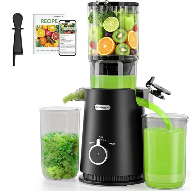ECOSELF Juicer Machines Easy to Clean, With Wide Mouth & Large Feed Chute For Whole Fruits & Vegetables, Slow Masticating Juicer Hands-Free, Quiet Motor, Cold Press Juicer For Family, With Pusher