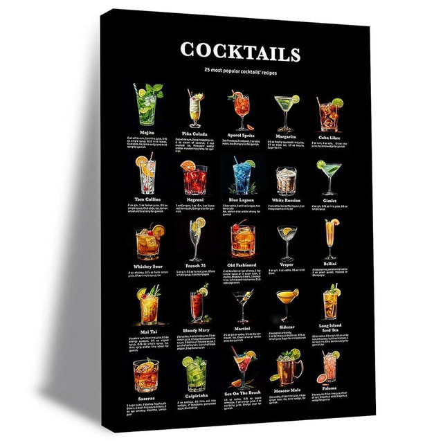 Cocktail Wall Art Cocktail Knowledge Posters Vintage Cocktail Mixology Pictures Bar Cart Accessories And Painting Prints Kitchen Trendy College Preppy Dorm Canvas Wall Decor Framed
