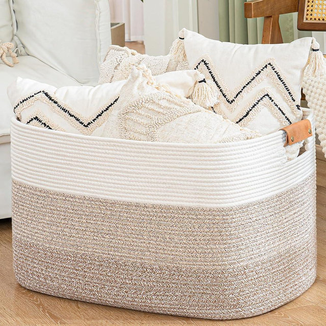 danpinera Large Laundry Basket 25’’*16’’*16’’ 108L Rectangle Blanket Basket for Living Room, Nursery & Laundry, Large Cotton Rope Bin with Leather Handle, Gradient Brown