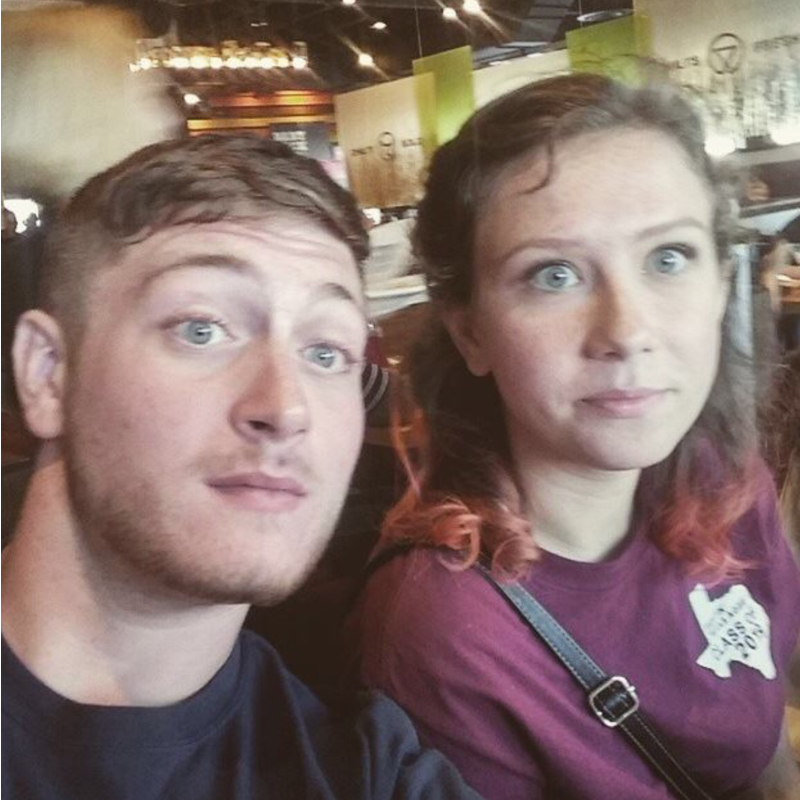 The first photo we ever took together, red dyed hair and high school beard in all their glory
