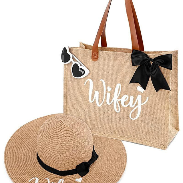 Percozzi Wifey Tote Bag Sun Hat Glasses Set Bride-To-Be Bridal Shower Gift Basket for Future Mrs. Honeymoon Jute Tote Bag Kit Summer Beach Present for Best Friend Set of 3