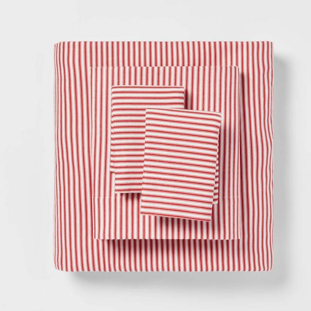 Queen Holiday Pattern Flannel Sheet Set Red Stripe - Threshold™