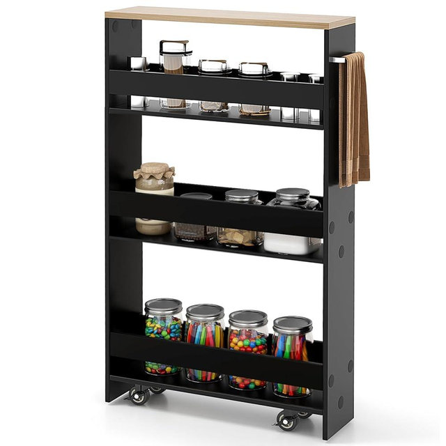 SILKYDRY Slim Rolling Storage Cart, 4 Tier Narrow Kitchen Cart with Wheels, Between Washer and Dryer Cart, Wood Shelving Unit Organizer w/Handle for Small Spaces (Black, 5-Inch)