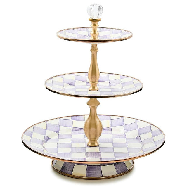 MACKENZIE-CHILDS Enamel Tiered Sweet Stand, Three-Tier Serving Tray for Dessert, Purple-and-White Violet Check